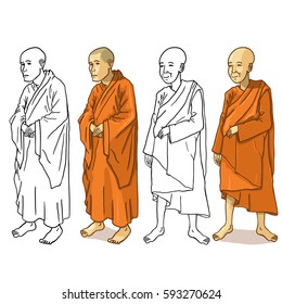Vector Set of Buddhist Monk Characters on White Background