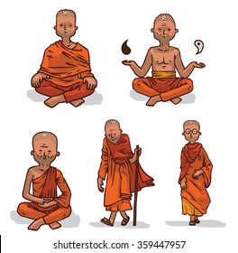 Vector set of Buddhist monks in orange clothes. Cartoon image of five bald Buddhist monks of different ages in orange clothes and in different poses on a light background.