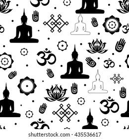 Vector Set of Buddhist religious sacred symbols in seamless pattern. Illustration with flat lay oriental ornament. Abstract black on white background with Buddha Endless Knot Lotus flower and OM sign