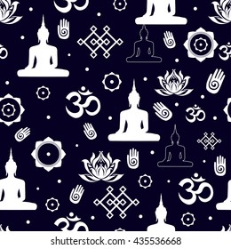 Vector Set of Buddhist religious sacred symbols in seamless pattern. Illustration with flat lay oriental ornament. Abstract black on white background with Buddha Endless Knot Lotus flower and OM sign