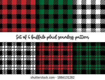Vector set of Buffalo plaid seamless patterns on colorful background. Red, green, white and black lumberjack Buffalo checkered plaid background. Flannel t shirt fabric Textures for winter holidays.  