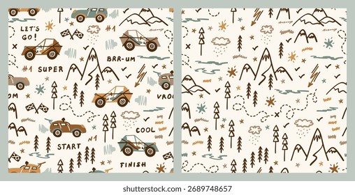 Vector Set of Buggy Car and Highlands Seamless Patterns, Doodle Transportation Background for Kids in Earth Colors with Toy Racing Cars