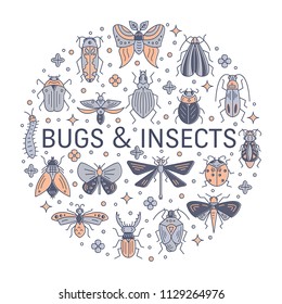 Vector set of  bugs and insects circle design element made in linear style. Colorful concept for house decoration, t-shirt design.