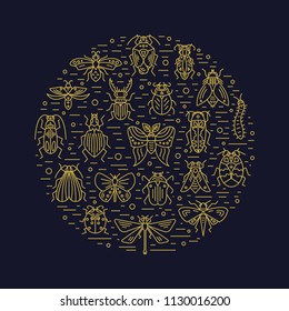 Vector set of  bugs and insects circle design element made in linear style. Gold concept for house decoration, t-shirt design.