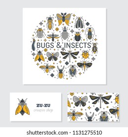 Vector set of  bugs and insects circle design element made in linear style. Identity design cards use for logo. Colorful concept for house decoration, t-shirt design.