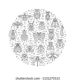 Vector set of  bugs and insects circle design element made in linear style. Concept for house decoration, t-shirt design.