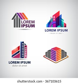 Vector set of building, houses, city, town logos, icons isolated. Colorful, 3d