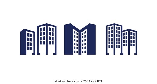 Vector set of building icons featuring apartment illustrations and skyscraper symbols for architecture, real estate, cityscape and construction themed design use