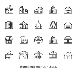 Conjunto de vectores de iconos de línea de construcción. Contiene íconos centro comercial, casa, banco, iglesia, fábrica, estadio, mansión, castillo y más. Pixel perfecto.