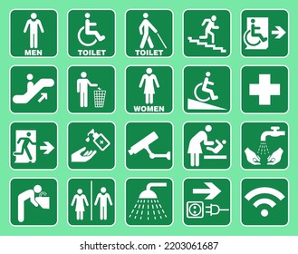 Vector set of building navigation icons in green color. Essential signs.