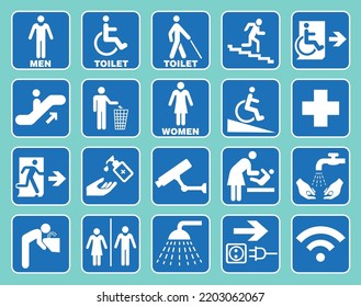 Vector set of building navigation icons in blue color. For easy orientation.