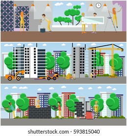 Vector set of building and repairing a house concept posters, banners in flat style. Construction site with machinery and builders, workers puttying, painting, decorating walls and installing window.