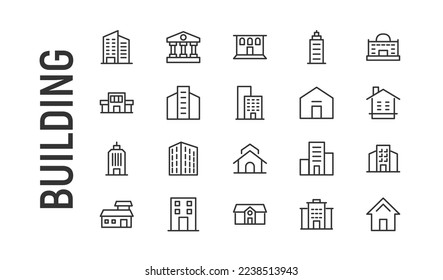 Vector set of building thin line icons. Design of 20 stroke pictograms. Signs of building isolated on a white background.