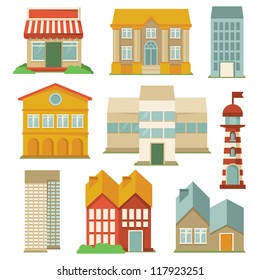 Vector set with buildings icons - map elements in retro style