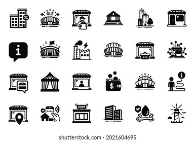 Vector Set of Buildings icons related to Shop, Court building and Arena stadium icons. Lighthouse, Buildings and Electricity factory signs. Skyscraper buildings, Online market and Arena. Vector