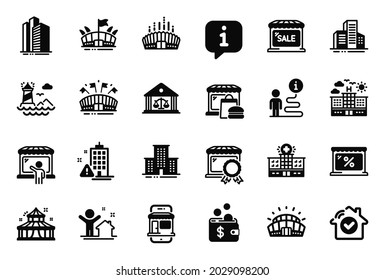 Vector Set of Buildings icons related to Skyscraper buildings, Lighthouse and Marketplace icons. House security, Best market and Market signs. Court building, New house and Arena. Circus. Vector