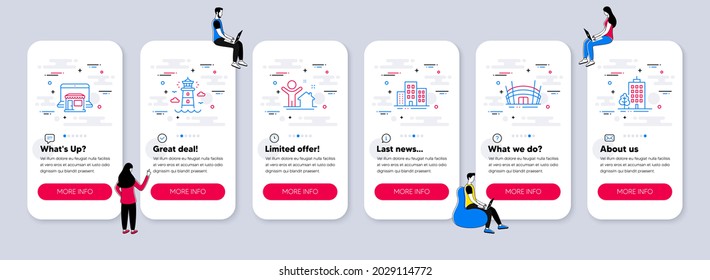 Iconos de vectores Set de edificios relacionados con Marketplace, estadio de Arena e iconos de Lighthouse. pantallas de aplicación de teléfono de interfaz de usuario con trabajo en equipo. Nueva casa, edificios y rascacielos alinean símbolos. Vector