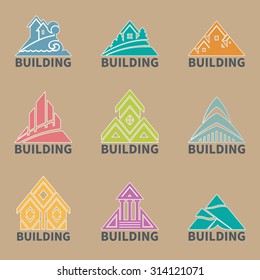 Vector set buildings silhouette icons. Color real estate, city and skyline, vector illustration.
