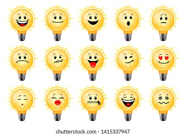 Vector set of bulb emoticons. Collection of characters of shining electric light bulbs with different emotions in cartoon style on white background. Concept of idea, creativity, innovation.