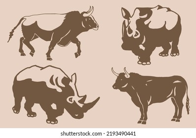 Vector set of bulls and rhinoceroses on sepia background,graphical illustration