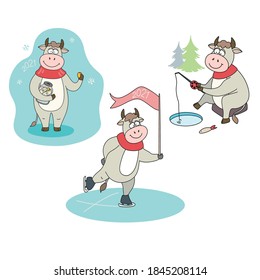 Vector set with bulls. Symbol of 2021 New Year. Christmas card