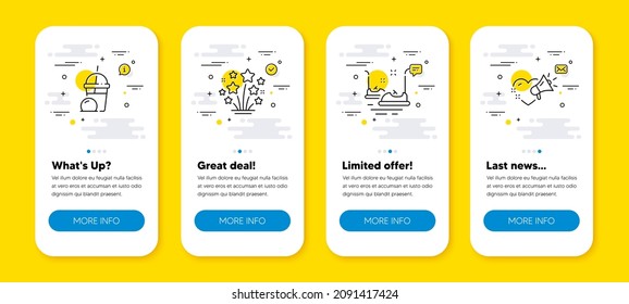 Vector set of Bumper cars, Ice cream milkshake and Fireworks stars line icons set. UI phone app screens with line icons. Love message icon. Carousels, Sundae milkshake, Pyrotechnic salute. Vector