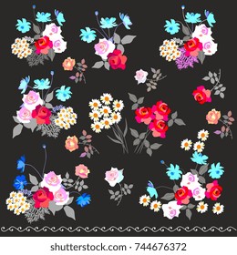 Vector set of bunches of garden flowers, isolated on black background. Design elements.
