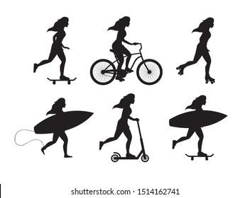 Vector set bundle of black different young women silhouette isolated on white background. Girls with surf, skate boards, rollers and scooter illustration 