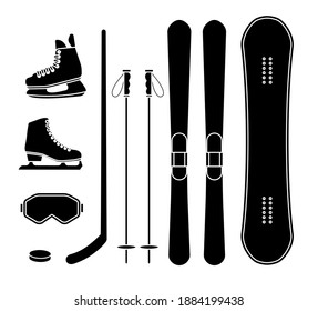 Vector set bundle of black flat winter sport equipment isolated on white background