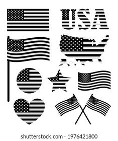 Vector set bundle of black flat American USA flag elements isolated on white background