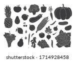 Vector set bundle of black hand drawn doodle sketch vegetables fruit and berries isolated on white background