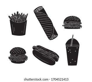 Vector set bundle of black hand drawn doodle sketch fast food isolated on white background