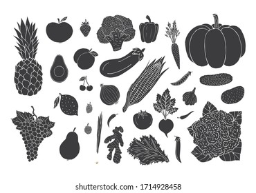 Vector Set Bundle Of Black Hand Drawn Doodle Sketch Vegetables Fruit And Berries Isolated On White Background