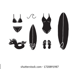 Vector set bundle of black hand drawn doodle sketch beach surf and swimming suit and accessories isolated on white background