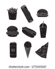 Vector set bundle of black hand drawn doodle sketch fast food isolated on white background