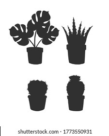 Vector set bundle of black hand drawn monstera plant and cactus in pots silhouette isolated on white background