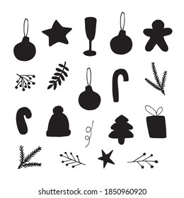 Vector set bundle of black hand drawn doodle sketch Christmas new year elements silhouette isolated on white background