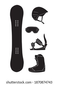 Vector set bundle of black hand drawn doodle sketch snowboard equipment isolated on white background