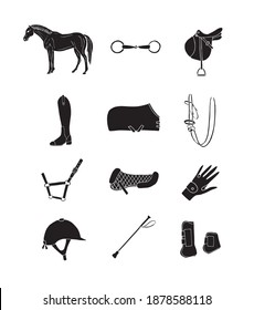 Vector set bundle of black hand drawn doodle sketch horse riding equestrian equipment icon isolated on white background