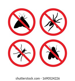 Vector set bundle of black insects silhouette crossed in red circle isolated on white background. Pest sign illustration