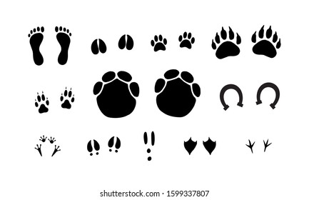 Vector set bundle of black outline different animals foot print isolated on white background