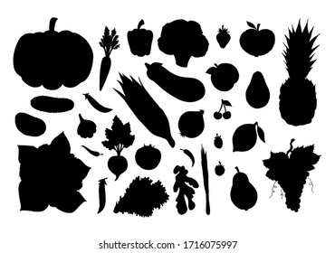 Vector set bundle of black sketch vegetables fruit and berries silhouette isolated on white background