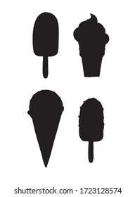Vector set bundle of black sketch ice cream silhouette isolated on white background