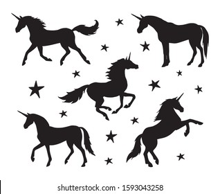 Vector set bundle of black unicorn silhouette isolated on white background