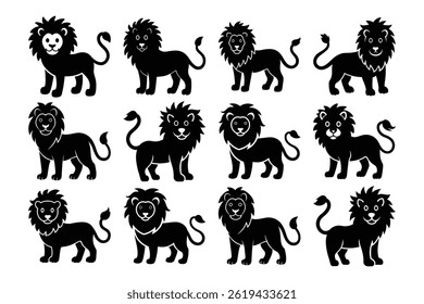Vector Set Bundle Of Cartoon Lion Silhouettes In Various Poses Collection Group