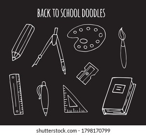 Vector set bundle of chalk hand drawn doodle sketch school office chancellery isolated on black background