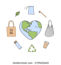 Vector set bundle of colored hand drawn doodle sketch eco friendly zero waste accessories things and heart shaped earth isolated on white background