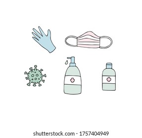 Vector set bundle of colored hand drawn doodle sketch coronavirus pandemic things isolated on white background