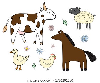 Vector set bundle of colored hand drawn doodle sketch farm domestic animals isolated on white background