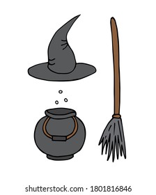 Vector set bundle of colored hand drawn doodle sketch witch hat bowl and broom isolated on white background